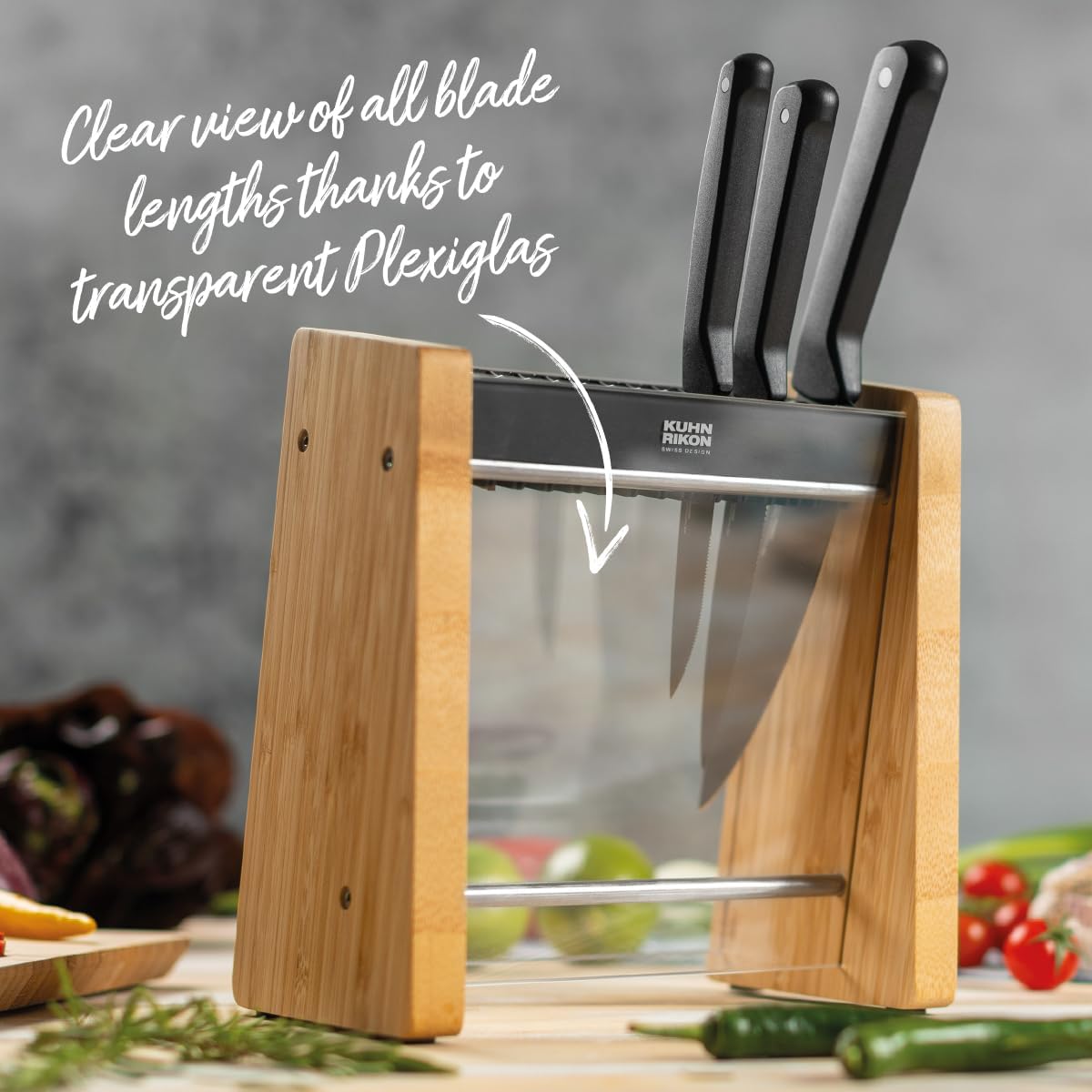 ICED Knife Block, Modern Knife Storage, Bamboo and Clear Panels, Removable Top Insert, Space Saving Countertop Knife Block