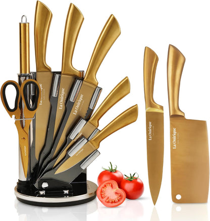 Luxury Silver & Gold Kitchen Knife Set with Block & Rod Sharpener – 8-Piece Titanium-Coated Stainless Steel Knives Set, Super Sharp Cutlery Tools, Stylish Knives Set for Kitchen
