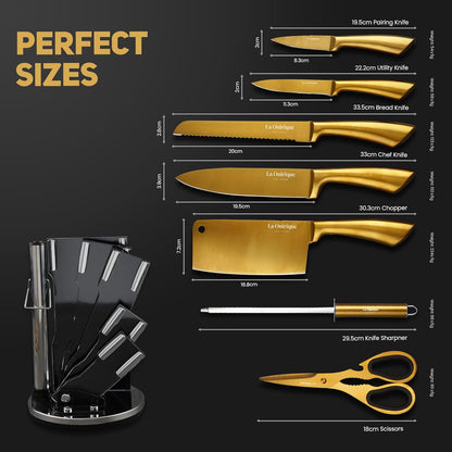 Luxury Silver & Gold Kitchen Knife Set with Block & Rod Sharpener – 8-Piece Titanium-Coated Stainless Steel Knives Set, Super Sharp Cutlery Tools, Stylish Knives Set for Kitchen