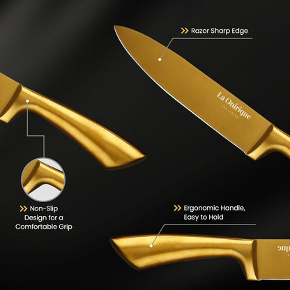 Luxury Silver & Gold Kitchen Knife Set with Block & Rod Sharpener – 8-Piece Titanium-Coated Stainless Steel Knives Set, Super Sharp Cutlery Tools, Stylish Knives Set for Kitchen