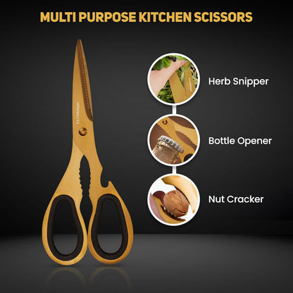Luxury Silver & Gold Kitchen Knife Set with Block & Rod Sharpener – 8-Piece Titanium-Coated Stainless Steel Knives Set, Super Sharp Cutlery Tools, Stylish Knives Set for Kitchen