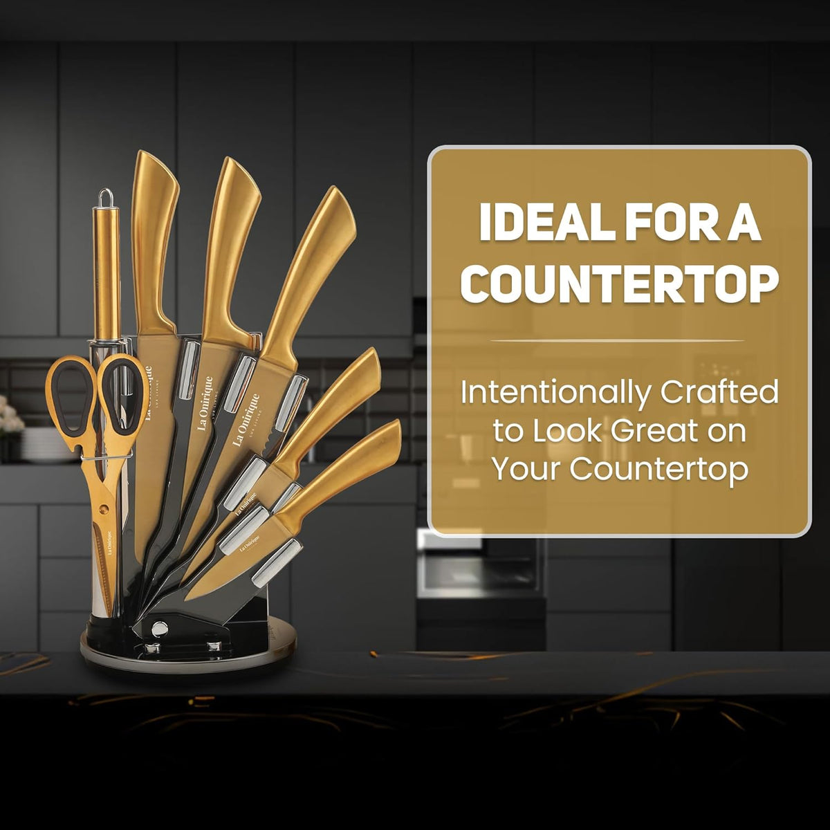 Luxury Silver & Gold Kitchen Knife Set with Block & Rod Sharpener – 8-Piece Titanium-Coated Stainless Steel Knives Set, Super Sharp Cutlery Tools, Stylish Knives Set for Kitchen