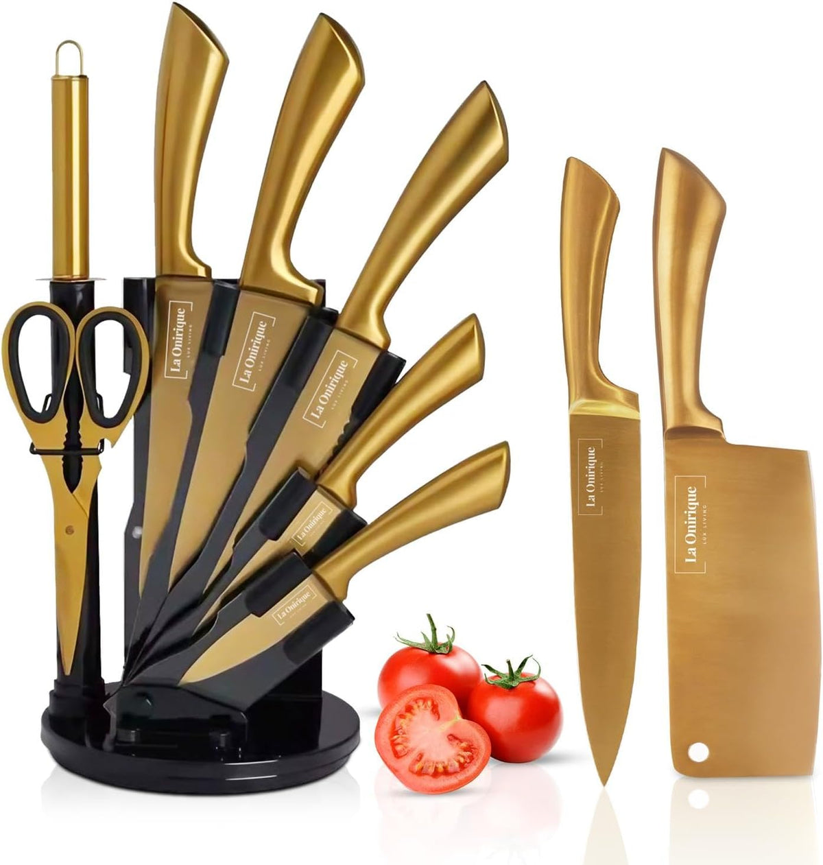 Luxury Silver & Gold Kitchen Knife Set with Block & Rod Sharpener – 8-Piece Titanium-Coated Stainless Steel Knives Set, Super Sharp Cutlery Tools, Stylish Knives Set for Kitchen