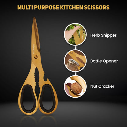 Luxury Silver & Gold Kitchen Knife Set with Block & Rod Sharpener – 8-Piece Titanium-Coated Stainless Steel Knives Set, Super Sharp Cutlery Tools, Stylish Knives Set for Kitchen