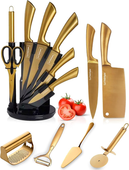 Luxury Silver & Gold Kitchen Knife Set with Block & Rod Sharpener – 8-Piece Titanium-Coated Stainless Steel Knives Set, Super Sharp Cutlery Tools, Stylish Knives Set for Kitchen