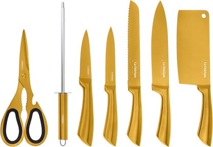 Luxury Silver & Gold Kitchen Knife Set with Block & Rod Sharpener – 8-Piece Titanium-Coated Stainless Steel Knives Set, Super Sharp Cutlery Tools, Stylish Knives Set for Kitchen