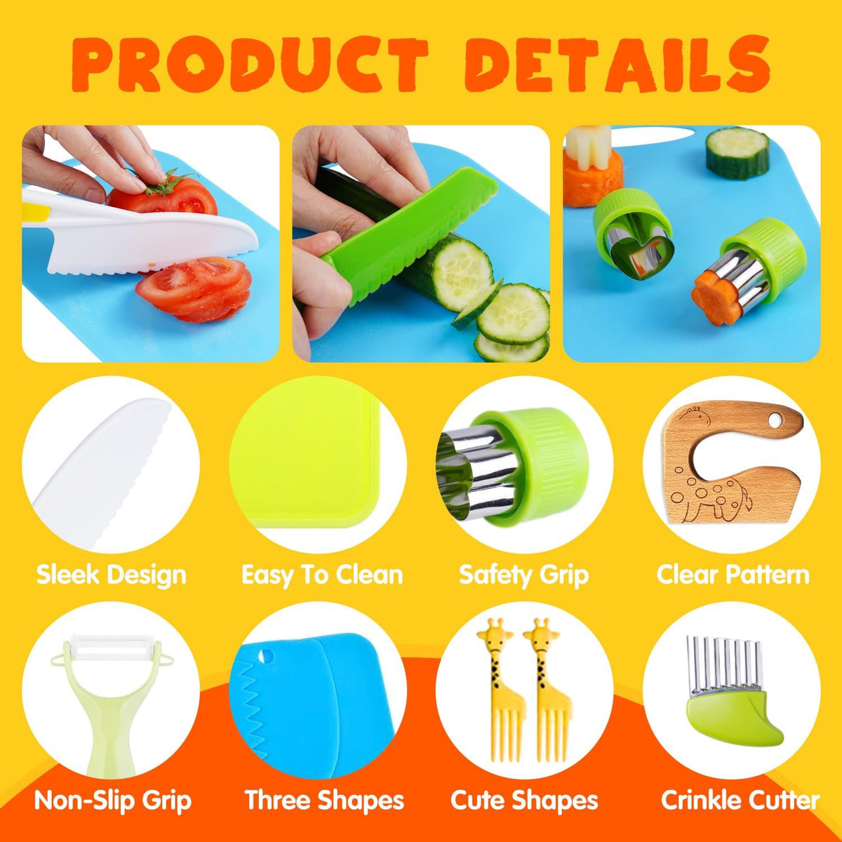 Kidz Safe Knife Set for Toddlerz Real Cooking - Toddlerz Knives Sets Kitchen Tools with Gloves Cutting Board Fruit Vegetable Crinkle Cutters