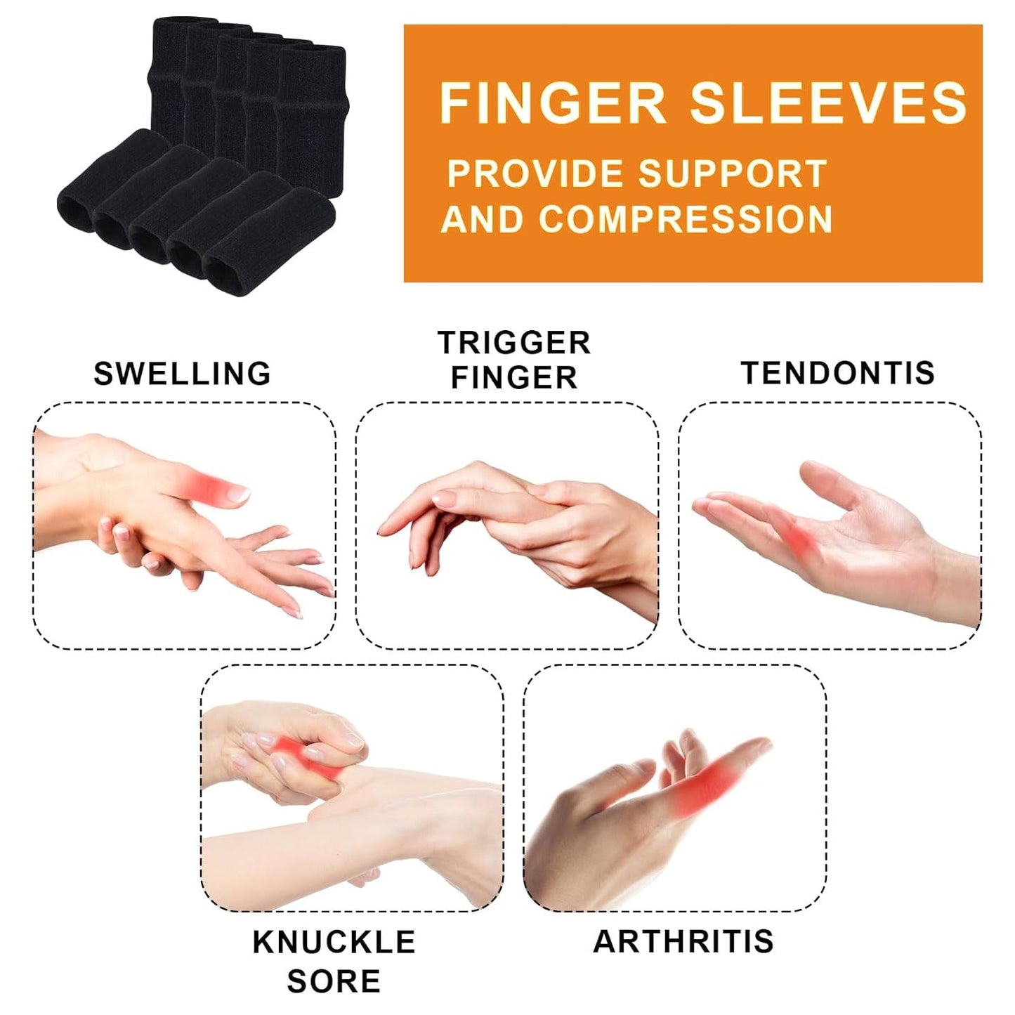 10 Pcs Black Finger Sleeves, Breathable Finger Brace | Compression Support for Arthritis, Thumb Splint for Relief Support Protector and Reliving Pain