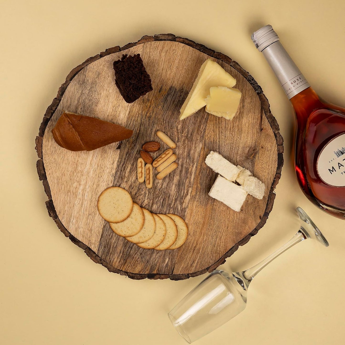 Wooden Round Cutting Board with Tree Bark Rim | 1.5" Thick Mango Wood Live Edge Chopping, Prep, Serve Board | Charcuterie Platter - 12.5"