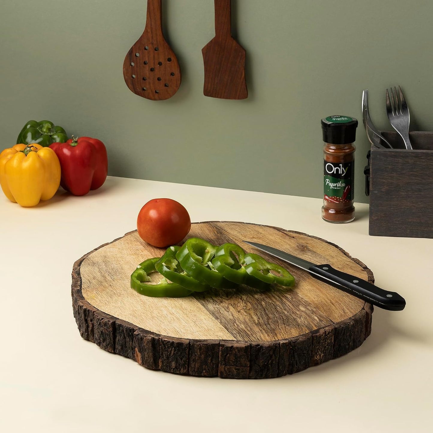 Wooden Round Cutting Board with Tree Bark Rim | 1.5" Thick Mango Wood Live Edge Chopping, Prep, Serve Board | Charcuterie Platter - 12.5"