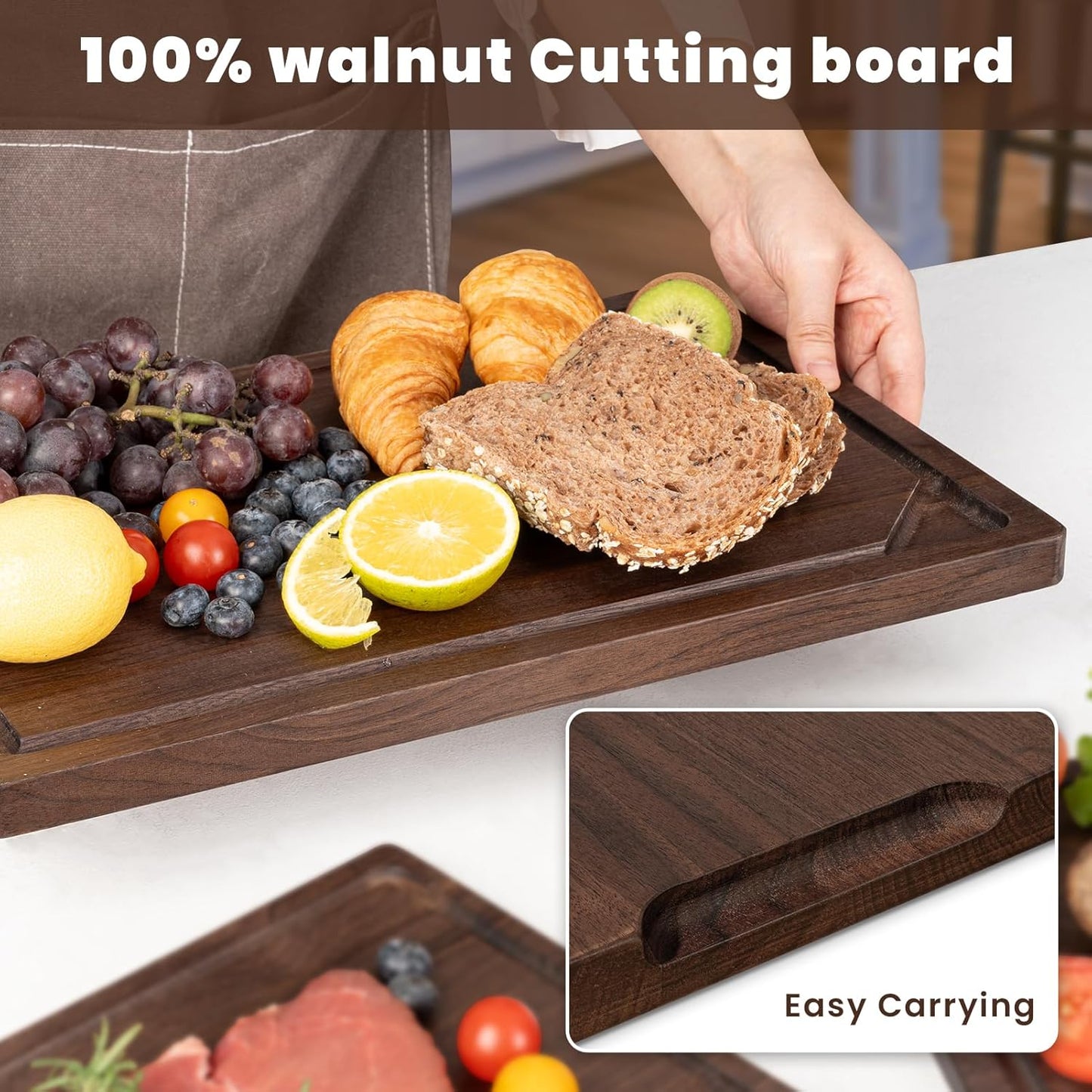 Walnut Wood Cutting Board for Kitchen, 15"x10" Reversible Wooden Chopping Board with Deep Juice Grooves and Handles, Natural Walnut Wood Cutting Board for Chopping, Cheese, Vegetables