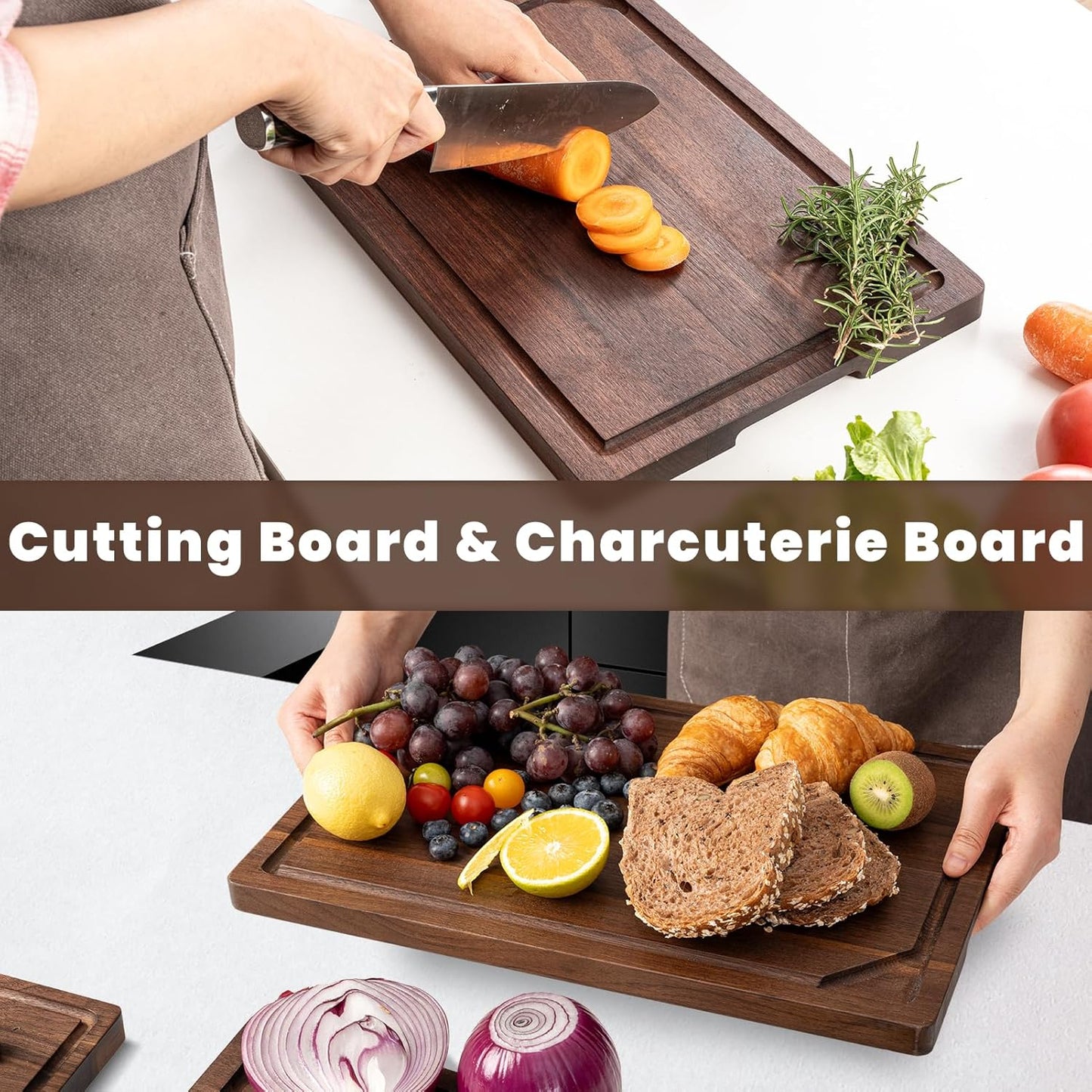 Walnut Wood Cutting Board for Kitchen, 15"x10" Reversible Wooden Chopping Board with Deep Juice Grooves and Handles, Natural Walnut Wood Cutting Board for Chopping, Cheese, Vegetables