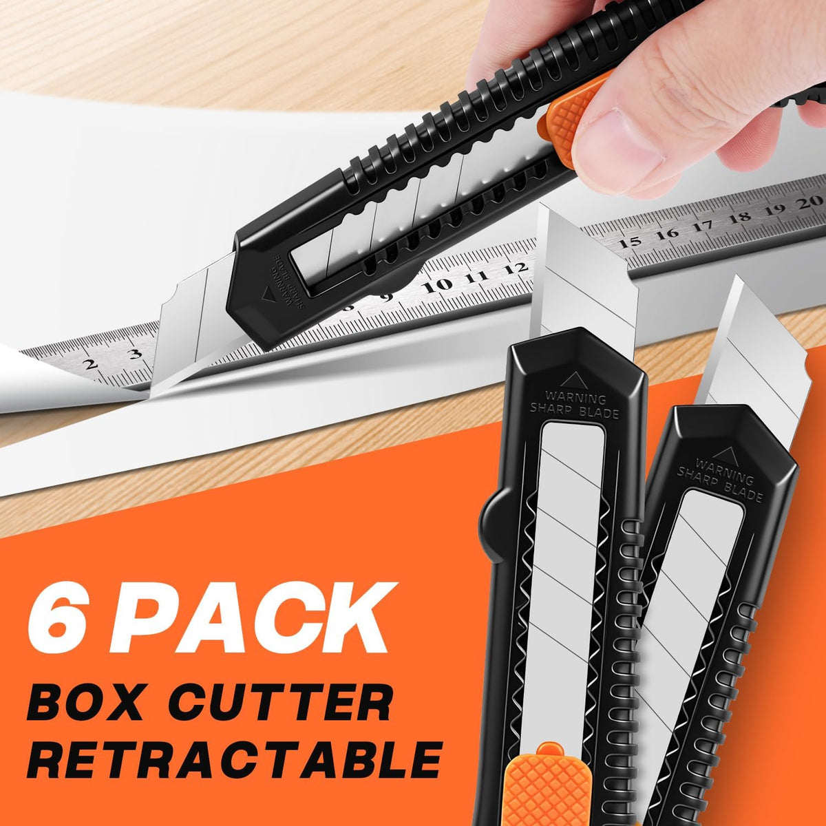 6-Pack Utility Knife Retractable,Box Cutter Retractable,18mm Utility Knife,Box Cutter for Boxes, Cardboard and Cartons, Sharp Blade, Office and Home Use