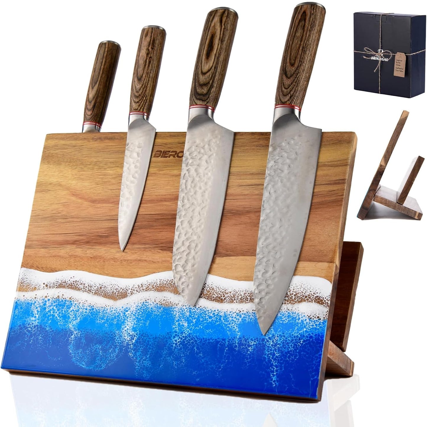 Magnetic Knife Block with Cutting Board Holder – Freestanding Acacia Wood Knife Storage Stand with Resin Ocean Design, Countertop Organizer for Chef Knives, Kitchen Utensils & Accessories