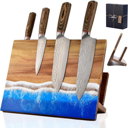 Magnetic Knife Block with Cutting Board Holder – Freestanding Acacia Wood Knife Storage Stand with Resin Ocean Design, Countertop Organizer for Chef Knives, Kitchen Utensils & Accessories
