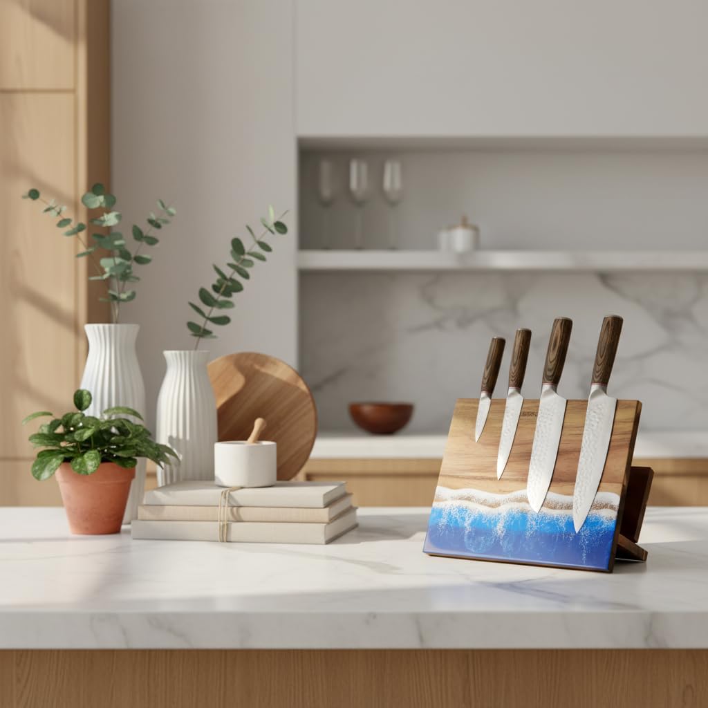 Magnetic Knife Block with Cutting Board Holder – Freestanding Acacia Wood Knife Storage Stand with Resin Ocean Design, Countertop Organizer for Chef Knives, Kitchen Utensils & Accessories