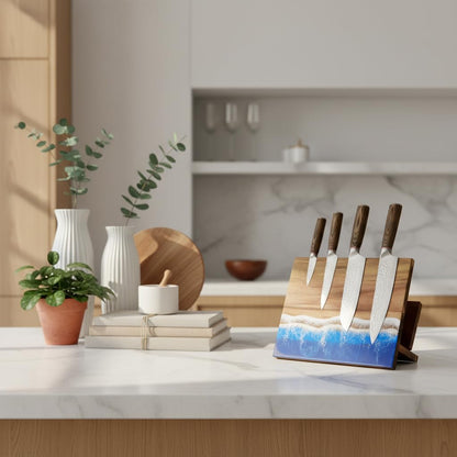Magnetic Knife Block with Cutting Board Holder – Freestanding Acacia Wood Knife Storage Stand with Resin Ocean Design, Countertop Organizer for Chef Knives, Kitchen Utensils & Accessories