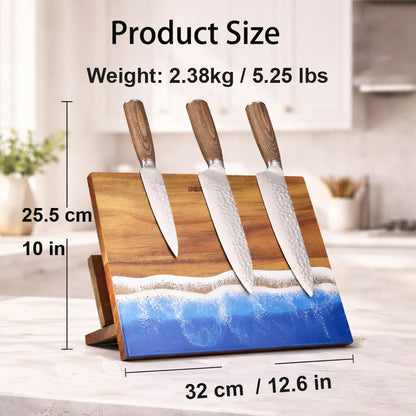 Magnetic Knife Block with Cutting Board Holder – Freestanding Acacia Wood Knife Storage Stand with Resin Ocean Design, Countertop Organizer for Chef Knives, Kitchen Utensils & Accessories