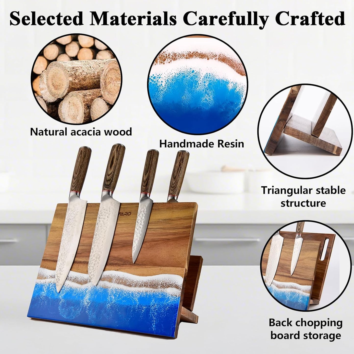 Magnetic Knife Block with Cutting Board Holder – Freestanding Acacia Wood Knife Storage Stand with Resin Ocean Design, Countertop Organizer for Chef Knives, Kitchen Utensils & Accessories
