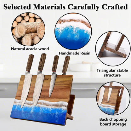 Magnetic Knife Block with Cutting Board Holder – Freestanding Acacia Wood Knife Storage Stand with Resin Ocean Design, Countertop Organizer for Chef Knives, Kitchen Utensils & Accessories