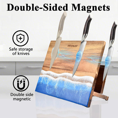 Magnetic Knife Block with Cutting Board Holder – Freestanding Acacia Wood Knife Storage Stand with Resin Ocean Design, Countertop Organizer for Chef Knives, Kitchen Utensils & Accessories