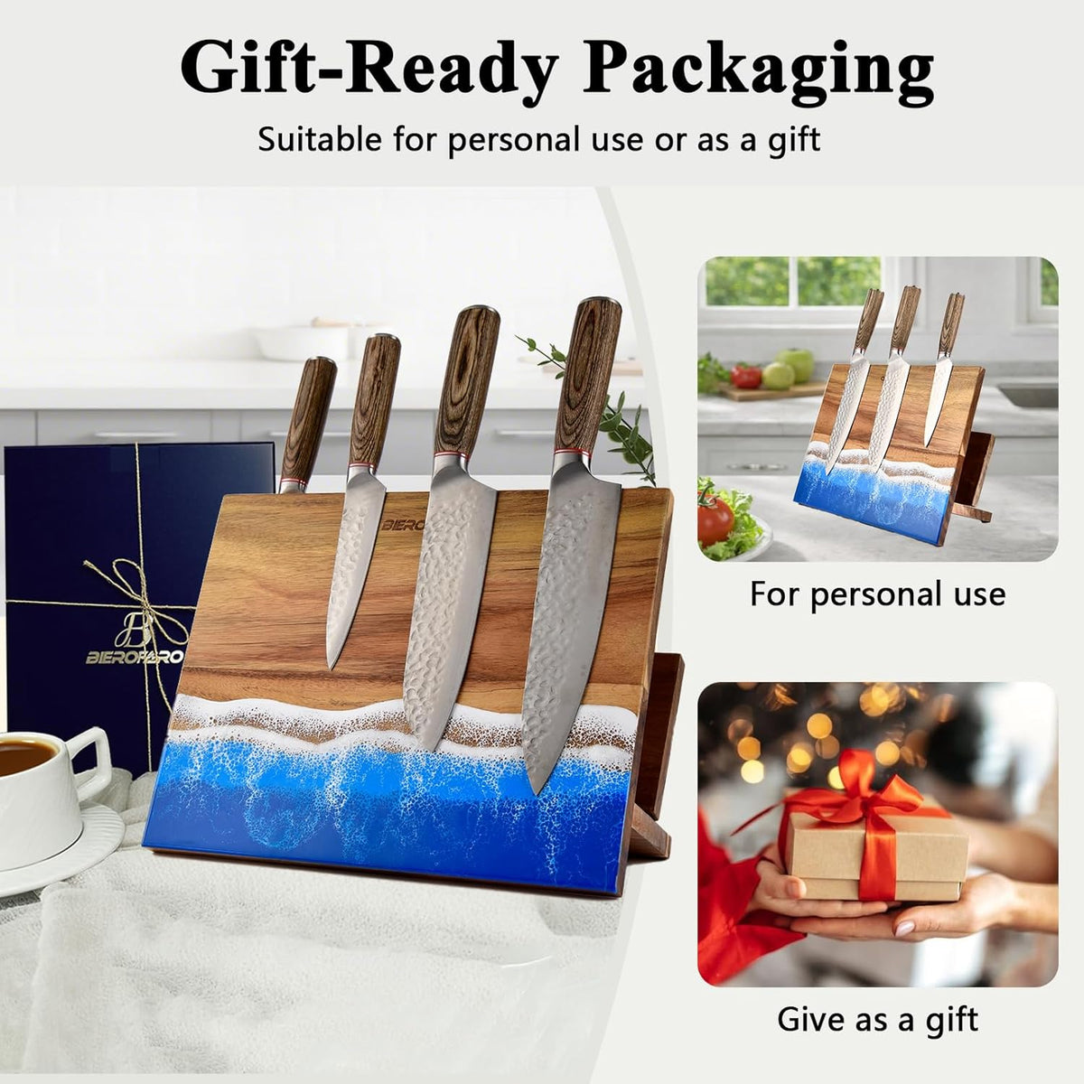Magnetic Knife Block with Cutting Board Holder – Freestanding Acacia Wood Knife Storage Stand with Resin Ocean Design, Countertop Organizer for Chef Knives, Kitchen Utensils & Accessories