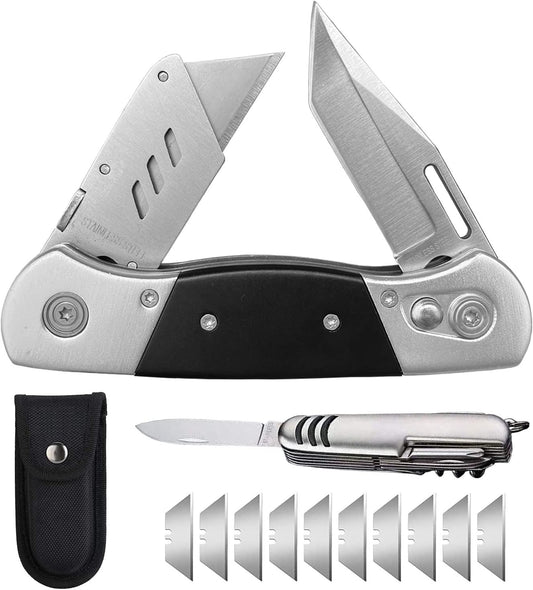Folding Utility Knife with Sheath and 10 Razor Blades, Heavy Duty Box Cutter Knife with Dual Blades, Construction Knifes Electrician Knife for Carpet Cardboard Work, Pocket Knives Set Gift for Men