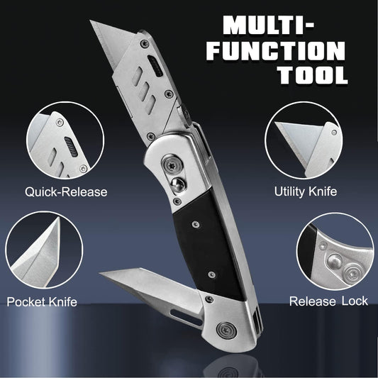 Folding Utility Knife with Sheath and 10 Razor Blades, Heavy Duty Box Cutter Knife with Dual Blades, Construction Knifes Electrician Knife for Carpet Cardboard Work, Pocket Knives Set Gift for Men