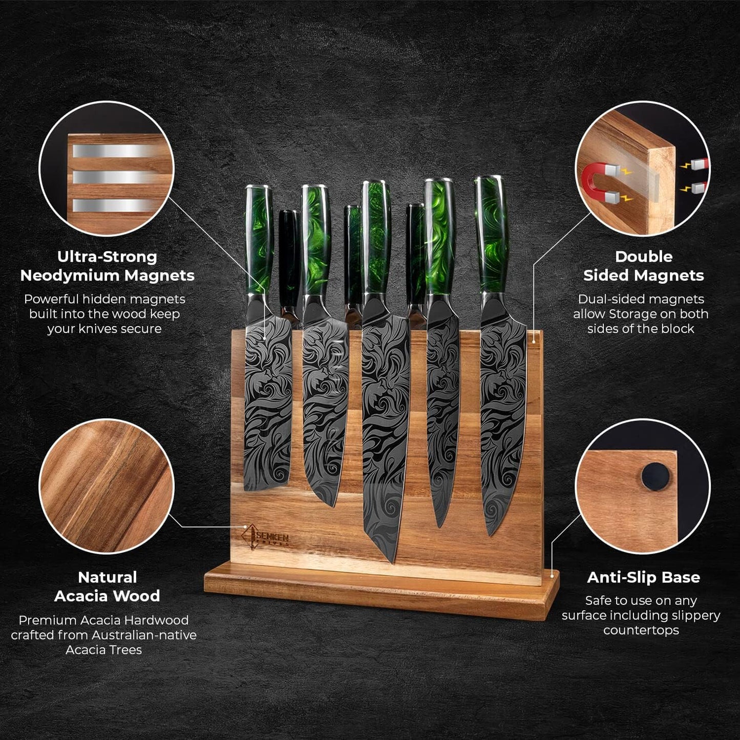 SENKEN Natural Acacia Hardwood Magnetic Knife Block - Double Sided Ultra Strong Neodymium Magnets - Knife Holder for 16 Knives (Acacia Hardwood)