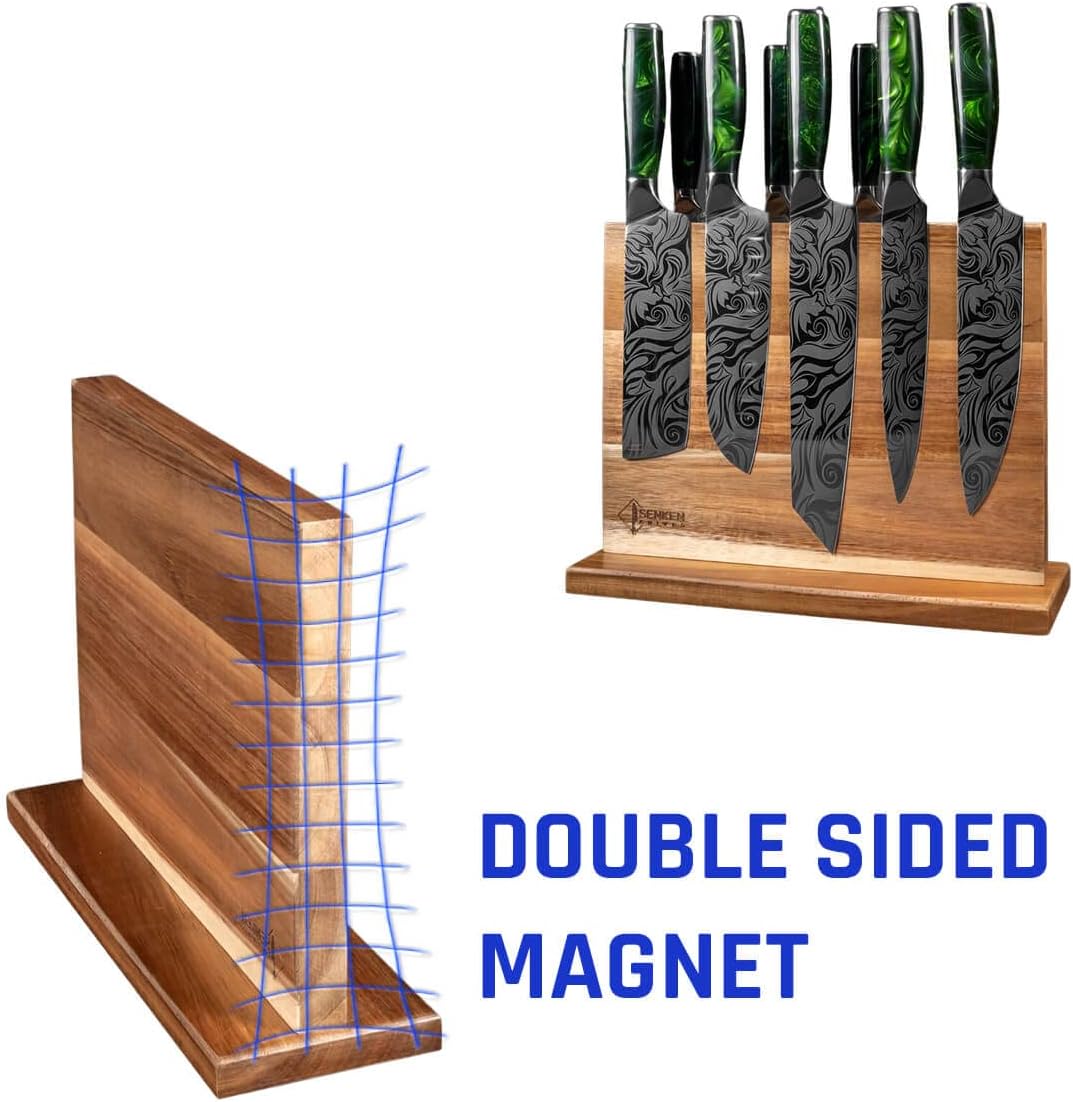 SENKEN Natural Acacia Hardwood Magnetic Knife Block - Double Sided Ultra Strong Neodymium Magnets - Knife Holder for 16 Knives (Acacia Hardwood)