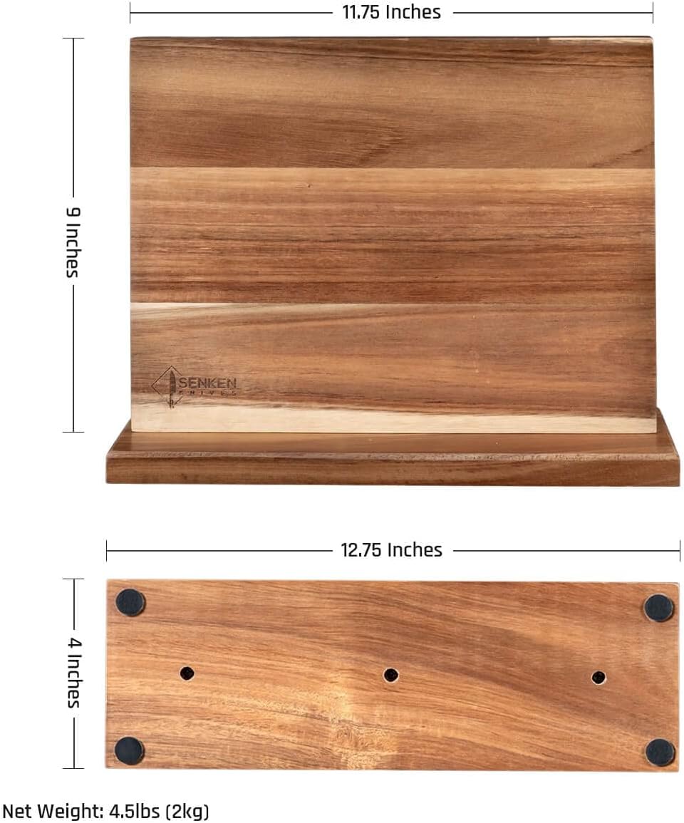 SENKEN Natural Acacia Hardwood Magnetic Knife Block - Double Sided Ultra Strong Neodymium Magnets - Knife Holder for 16 Knives (Acacia Hardwood)
