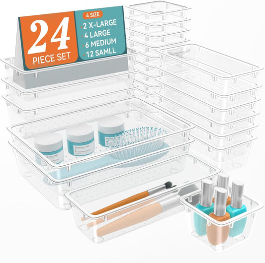 24 PCS Drawer Organizer Set, Makeup Organizers, Tool Storage Trays | 4 Sizes, Plastic, Stackable, Multiple Gadgets, Desk Drawer Divider Organizers, for Makeup, Office Supplies Storage