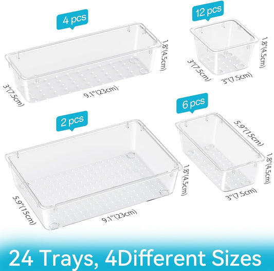 24 PCS Drawer Organizer Set, Makeup Organizers, Tool Storage Trays | 4 Sizes, Plastic, Stackable, Multiple Gadgets, Desk Drawer Divider Organizers, for Makeup, Office Supplies Storage