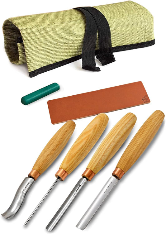 Wood Carving Gouges Chisels Kit SC01 - Wood Spoon Carving Chisel Set - Whittling Tools Includes Radial Gouges, Flat Chisel, Bent Gouge, Leather Strop & Rolling Pouch