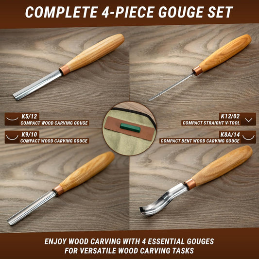 Wood Carving Gouges Chisels Kit SC01 - Wood Spoon Carving Chisel Set - Whittling Tools Includes Radial Gouges, Flat Chisel, Bent Gouge, Leather Strop & Rolling Pouch