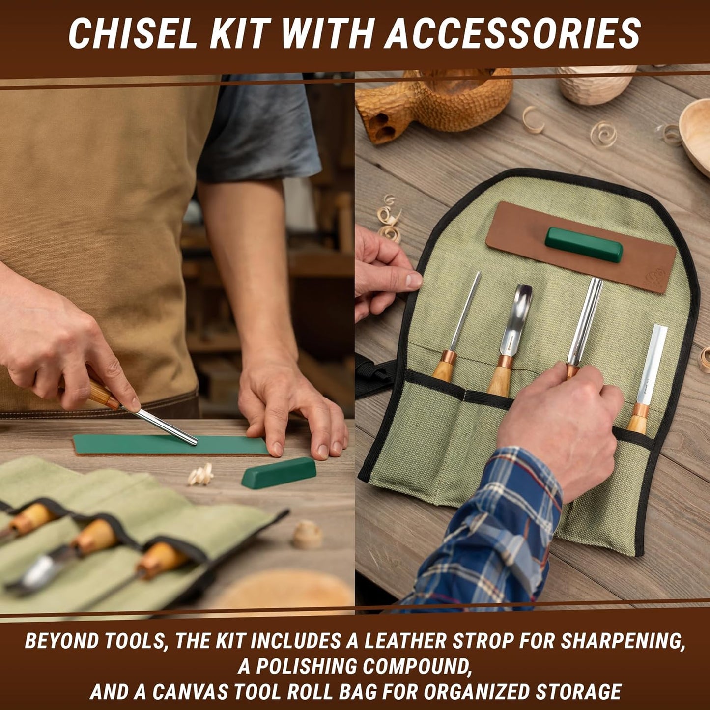 Wood Carving Gouges Chisels Kit SC01 - Wood Spoon Carving Chisel Set - Whittling Tools Includes Radial Gouges, Flat Chisel, Bent Gouge, Leather Strop & Rolling Pouch