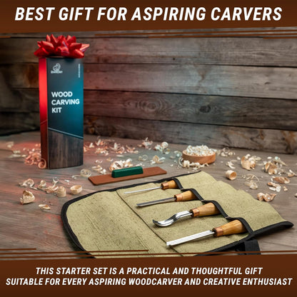 Wood Carving Gouges Chisels Kit SC01 - Wood Spoon Carving Chisel Set - Whittling Tools Includes Radial Gouges, Flat Chisel, Bent Gouge, Leather Strop & Rolling Pouch