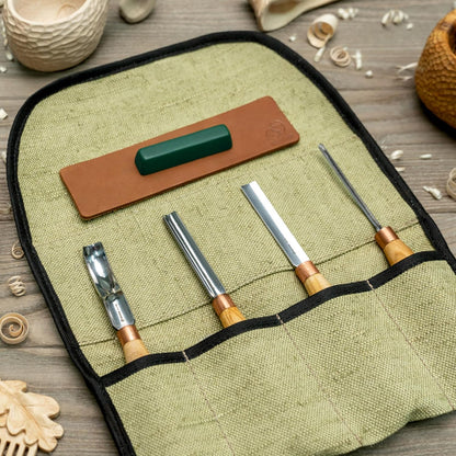 Wood Carving Gouges Chisels Kit SC01 - Wood Spoon Carving Chisel Set - Whittling Tools Includes Radial Gouges, Flat Chisel, Bent Gouge, Leather Strop & Rolling Pouch