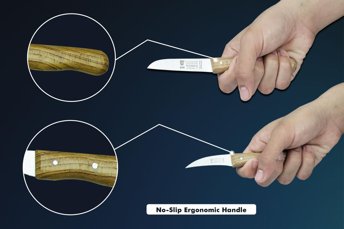 Solingen Bird Beak Knife Germany Paring Knife Set Wooden Handle Peeling Knife for Fruits and Vegetables Knife Straight & Curved Stainless Steel Sharp Blade, Not Dishwasher Safe