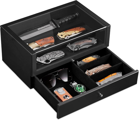 Pocket Knife Display Case, Large Knife Collection Box for Folding Knives & EDC Gear, Solid Wood Knife Organizer with Transparent Lid & Drawer, Collector-Grade Gift for Men (Black)