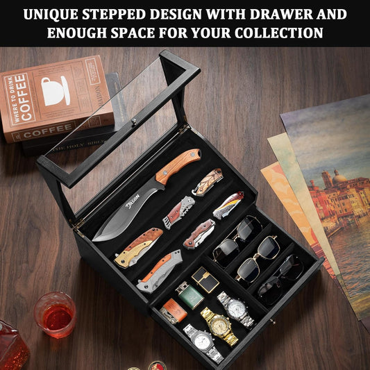 Pocket Knife Display Case, Large Knife Collection Box for Folding Knives & EDC Gear, Solid Wood Knife Organizer with Transparent Lid & Drawer, Collector-Grade Gift for Men (Black)