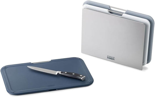 Nest 3 Piece Color Coded Cutting Board Set With Storage Stand, Regular - Grey/Blue