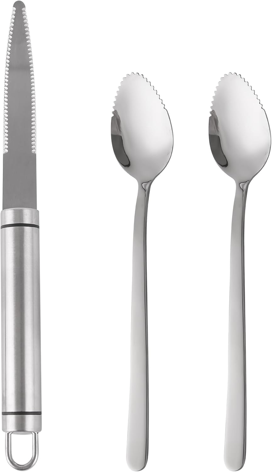 Grapefruit knife & Grapefruit Spoons, Grapefruit Utensil 3 Pieces Set, Stainless Steel Serrated Edges Grapefruit Knife and Spoon, Dishwasher Safe & Kitchen Utensils (Silver)