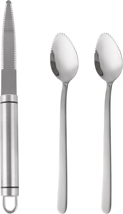 Grapefruit knife & Grapefruit Spoons, Grapefruit Utensil 3 Pieces Set, Stainless Steel Serrated Edges Grapefruit Knife and Spoon, Dishwasher Safe & Kitchen Utensils (Silver)