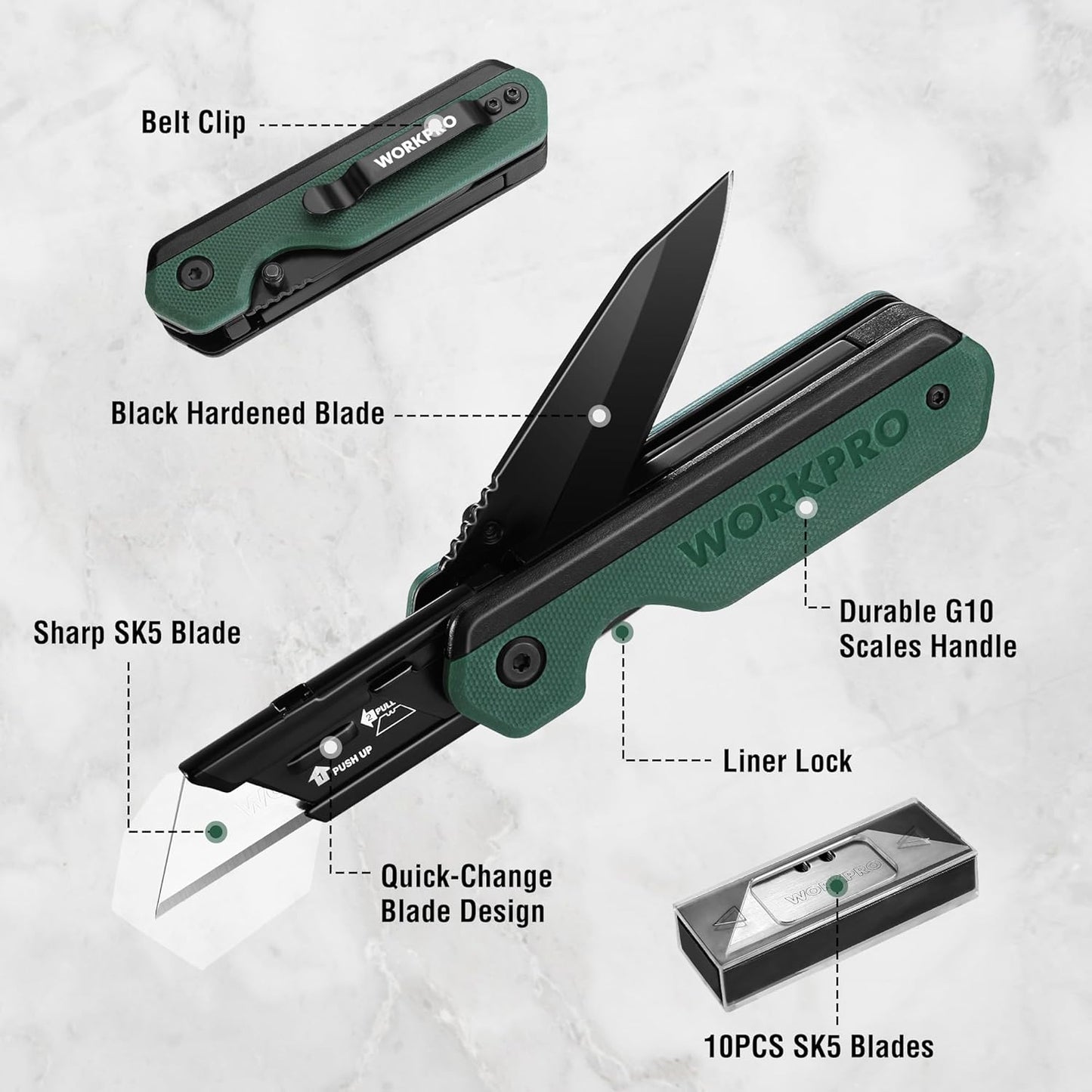 2-in-1 Folding Knife/Utility Knife - Gifts for Dad, Quick-Change Box Cutter with Belt Clip and Liner Lock, Extra 10 SK5 Blades Included