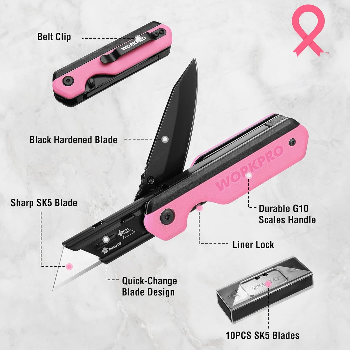 2-in-1 Folding Knife/Utility Knife - Gifts for Dad, Quick-Change Box Cutter with Belt Clip and Liner Lock, Extra 10 SK5 Blades Included