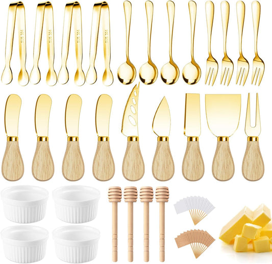 Charcuterie Boards Accessories Gold Charcuterie Utensils Cheese Spreader Knife Set Small Serving Tongs Forks and Spoons Dipping Bowls Honey Dippers Toothpick Flags for Appetizers & Serving Platters
