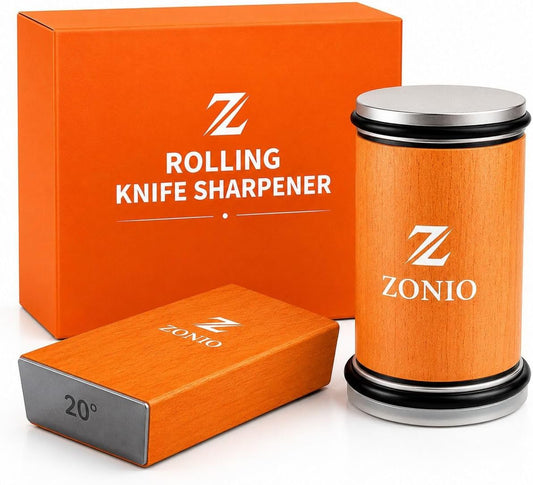Rolling Knife Sharpener – 20° Fixed Angle, Roller Knife Sharpener Kit for Kitchen & Pocket Knives, Diamond Grinding & Honing Disc System, Premium Wood Finish Gift Set