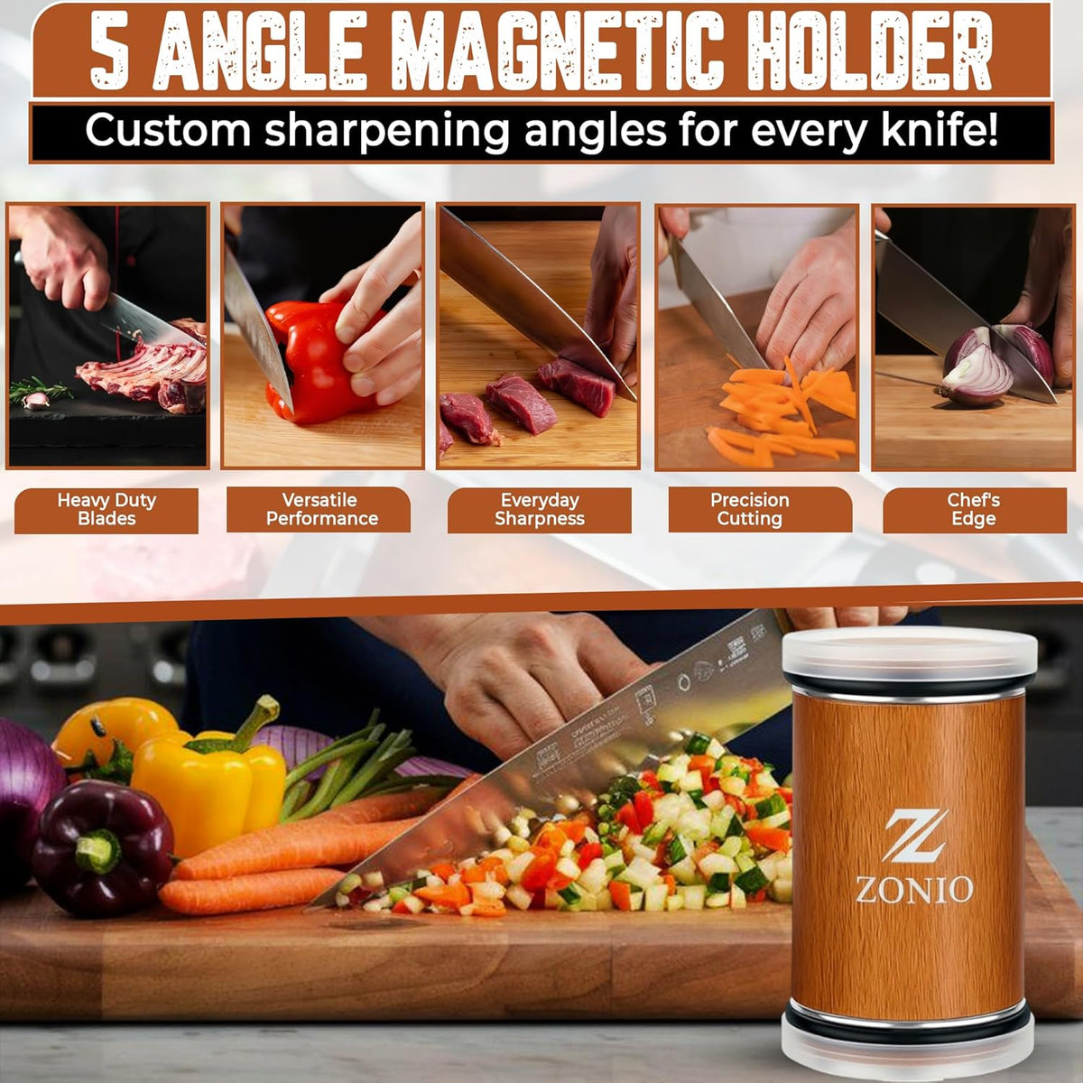 Rolling Knife Sharpener – 20° Fixed Angle, Roller Knife Sharpener Kit for Kitchen & Pocket Knives, Diamond Grinding & Honing Disc System, Premium Wood Finish Gift Set