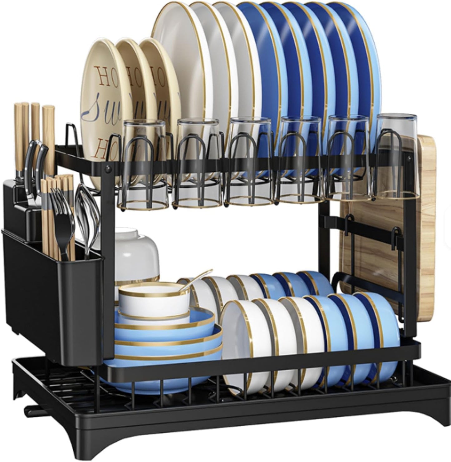 2-Tier Dish Drying Rack with Drainboard – Rustproof Steel Kitchen Organizer with Utensil & Cup Holder, Cutting Board & Knife Stand – Space-Saving Countertop Dish Drainer (Black)